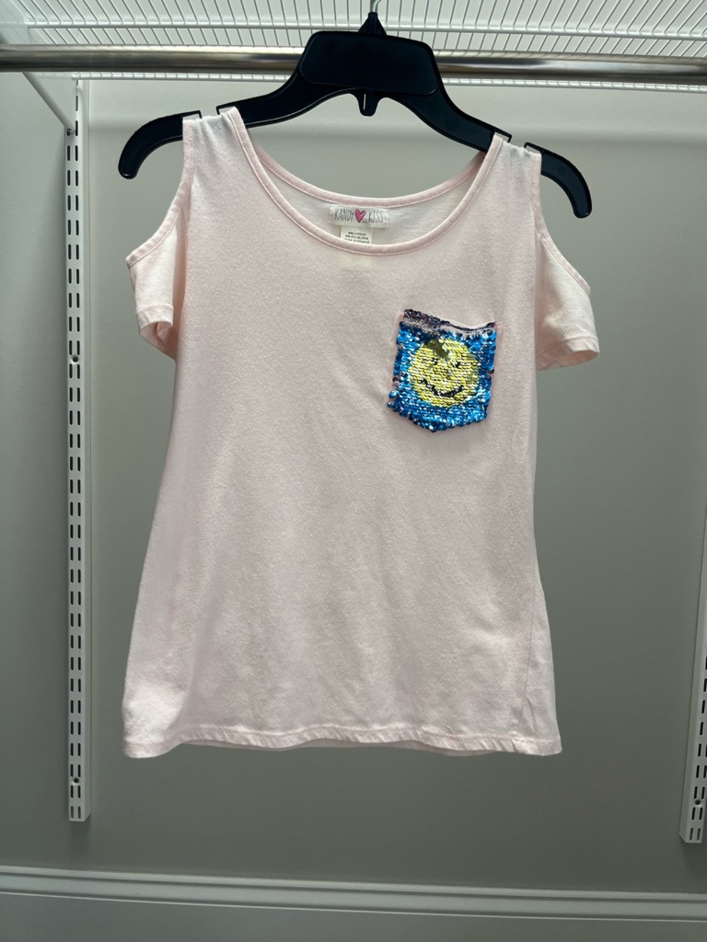 Girls' Light Pink Cold-Shoulder Tee with Flip Sequin Smiley Pocket